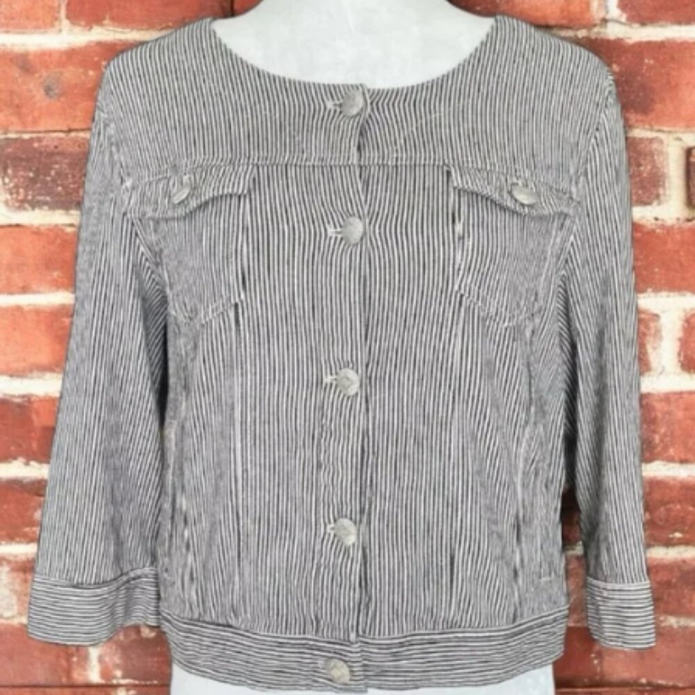 Live A Little Black and White Railroad Stripe ¾ Sleeve Jean Jacket Size